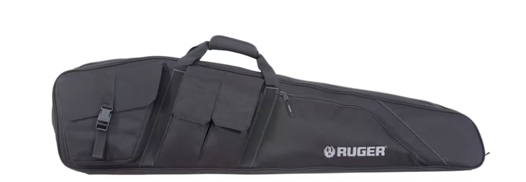 A black Ruger-branded soft rifle case with multiple magazine pouches and sturdy handles